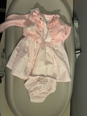Baby Girls Pink Seersucker Dress & Cardigan Set